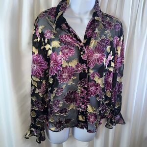 Vintage Dressbarn Sheer Mesh Floral Button Down Blouse Size S Multicolor Y2K